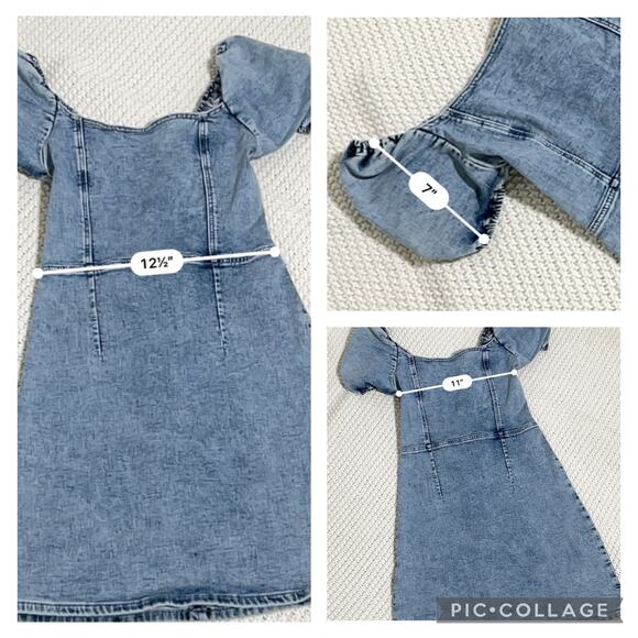 bebe Lace Back Denim Dress Size 6 With Puff Sleeves - Picture 6 of 8